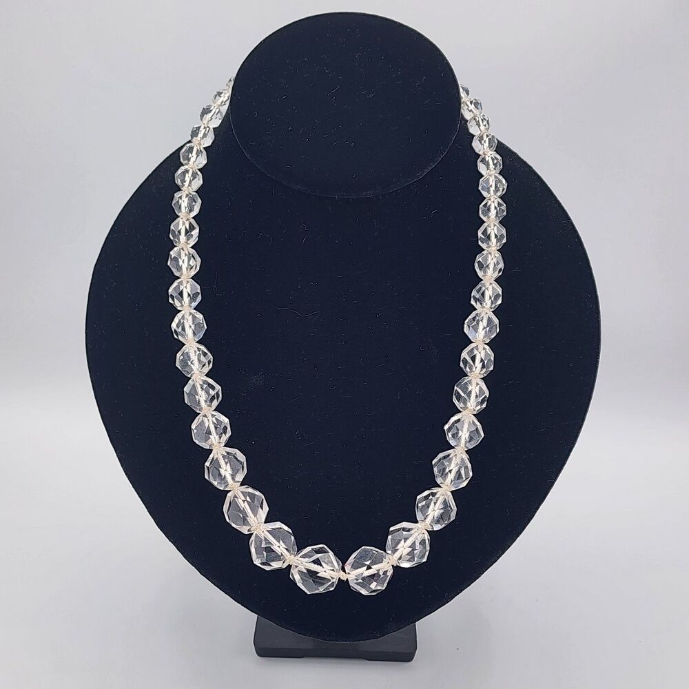 VTG Art Deco Multi Faceted Clear Crystal  Glass Graduated Necklace Gold Filled